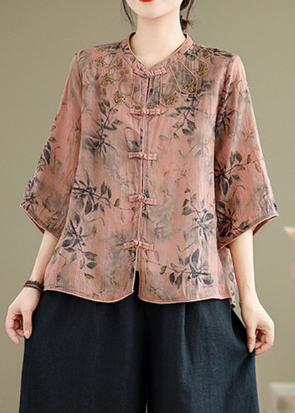 Handmade Pink O-Neck Print Embroidered Button Top Half Sleeve AP012 GK-HTP240718