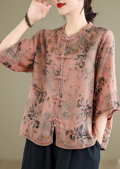 Handmade Pink O-Neck Print Embroidered Button Top Half Sleeve AP012 GK-HTP240718