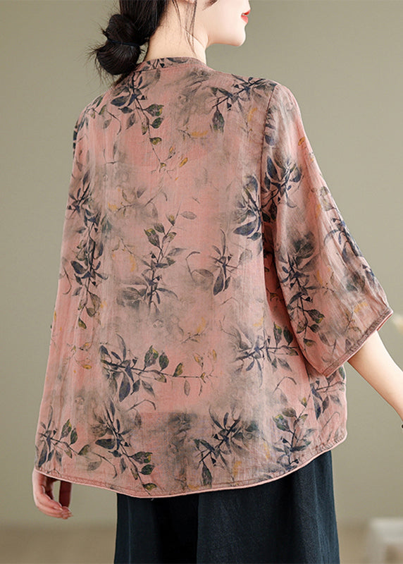 Handmade Pink O-Neck Print Embroidered Button Top Half Sleeve AP012 GK-HTP240718