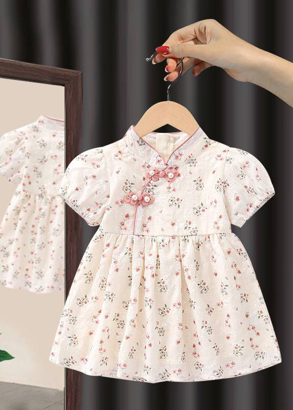 Handmade Pink Stand Collar Print Kids Maxi Dresses Short Sleeve MN018 MM-RCTZ-SDL240701
