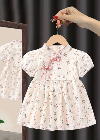 Handmade Pink Stand Collar Print Kids Maxi Dresses Short Sleeve MN018 MM-RCTZ-SDL240701