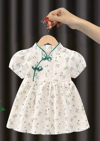 Handmade Pink Stand Collar Print Kids Maxi Dresses Short Sleeve MN018 MM-RCTZ-SDL240701