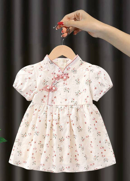 Handmade Pink Stand Collar Print Kids Maxi Dresses Short Sleeve MN018 MM-RCTZ-SDL240701