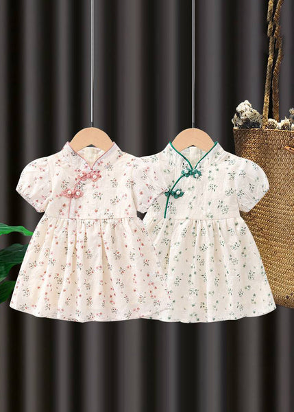 Handmade Pink Stand Collar Print Kids Maxi Dresses Short Sleeve MN018 MM-RCTZ-SDL240701