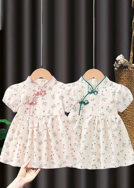 Handmade Pink Stand Collar Print Kids Maxi Dresses Short Sleeve MN018 MM-RCTZ-SDL240701