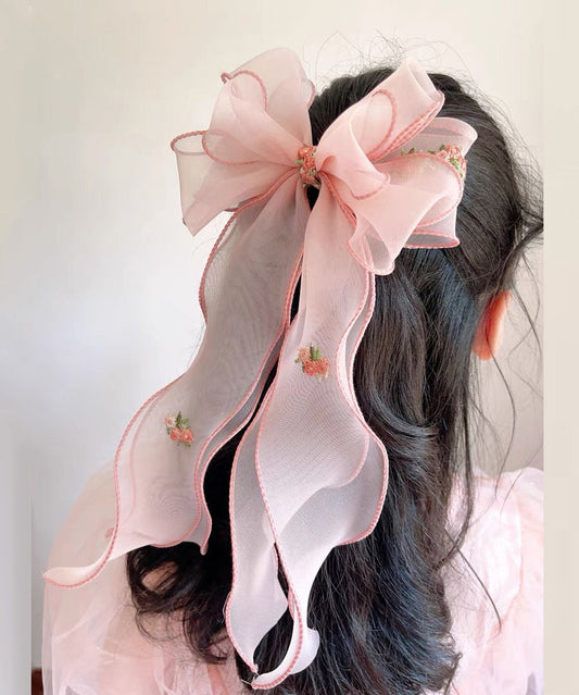 Handmade Pink Tulle Embroidery Bow Ribbon Girls Hairpin YG032 ABC