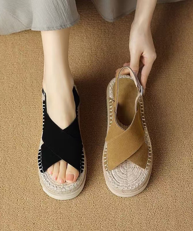 Cowhide Black Sandals Cross Platform Strap Slide Handmade Leather FashionChic