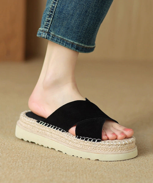 Cowhide Black Sandals Cross Platform Strap Slide Handmade Leather FashionChic