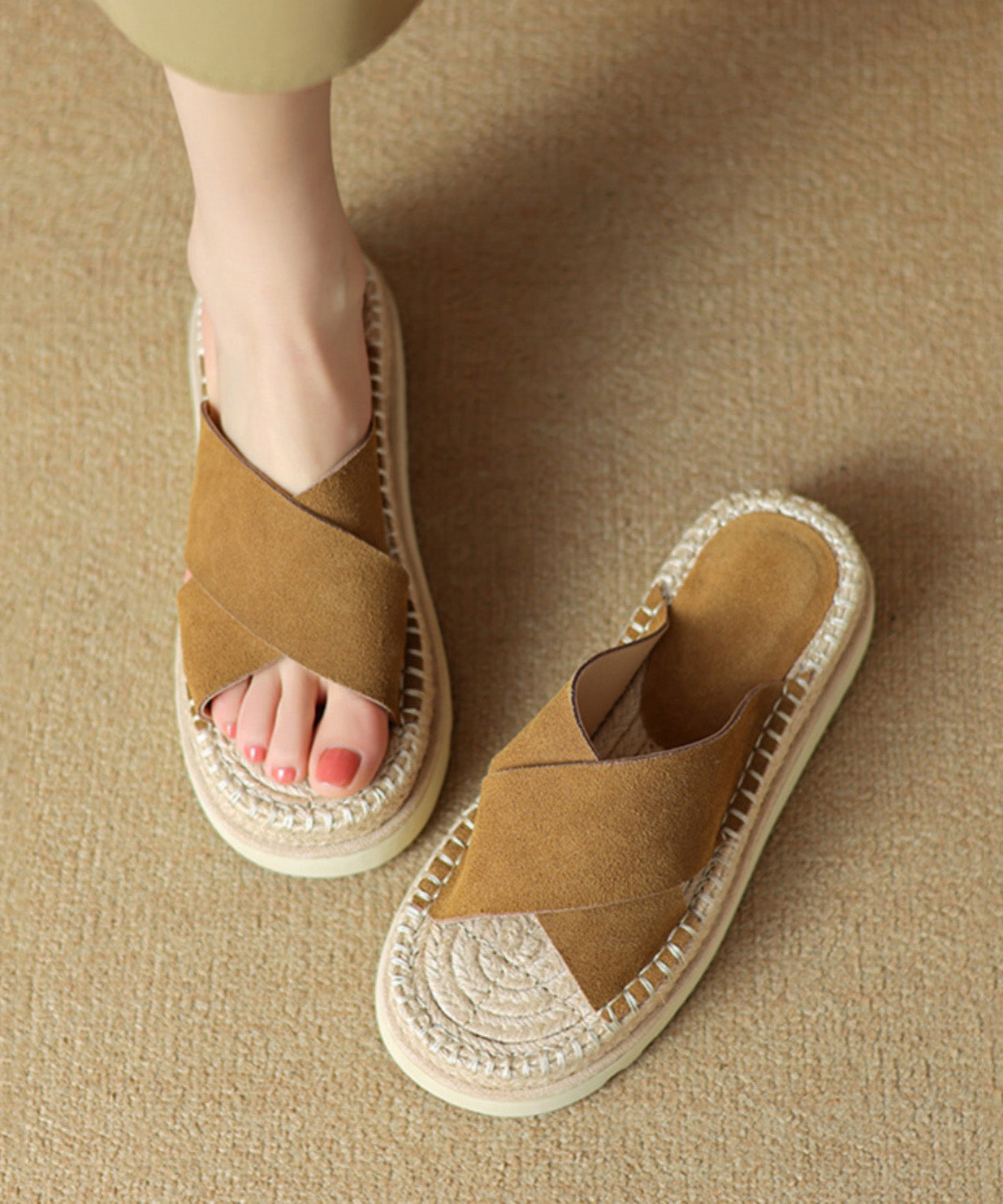 Cowhide Black Sandals Cross Platform Strap Slide Handmade Leather FashionChic