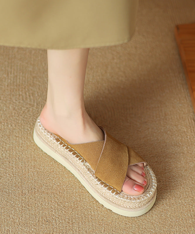 Cowhide Black Sandals Cross Platform Strap Slide Handmade Leather FashionChic