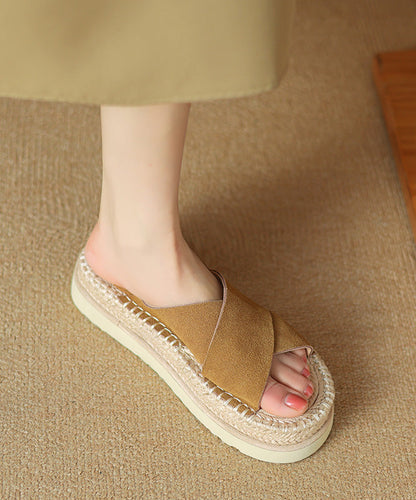 Cowhide Black Sandals Cross Platform Strap Slide Handmade Leather FashionChic