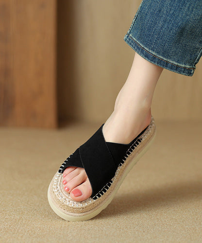 Cowhide Black Sandals Cross Platform Strap Slide Handmade Leather FashionChic