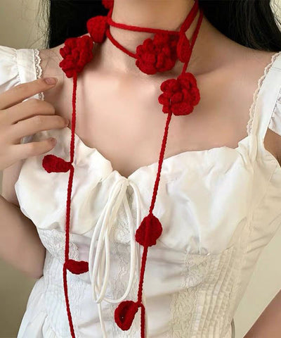 Handmade Red Knit Cotton Rose Leaves Tassel Scarf Necklace YU021 ABC