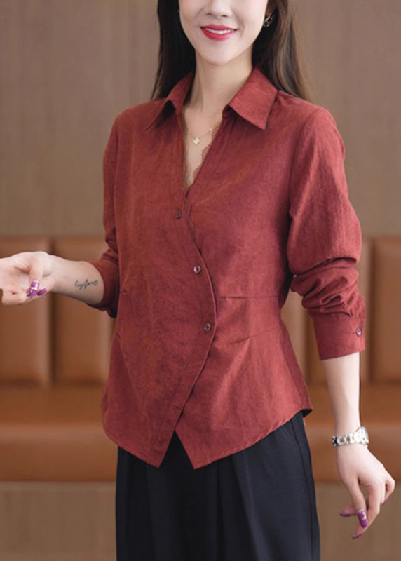 Solid Spring Button Lace Red Handmade Shirt Patchwork FashionChic