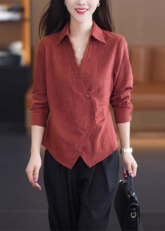 Solid Spring Button Lace Red Handmade Shirt Patchwork FashionChic
