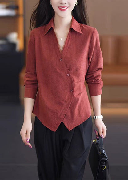 Solid Spring Button Lace Red Handmade Shirt Patchwork FashionChic