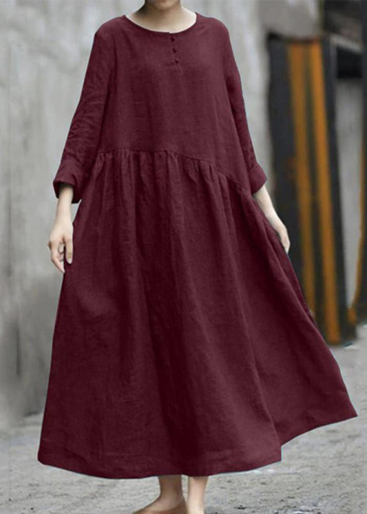 Fall Pockets O-Neck Red Patchwork Robe Dresses Handmade FashionChic