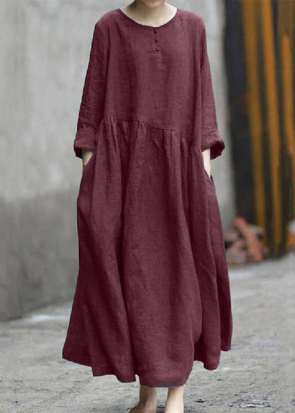 Fall Pockets O-Neck Red Patchwork Robe Dresses Handmade FashionChic