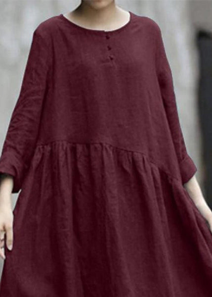 Fall Pockets O-Neck Red Patchwork Robe Dresses Handmade FashionChic