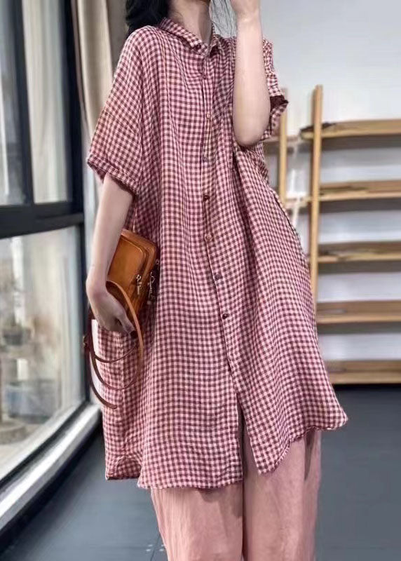 Handmade Red Peter Pan Collar Plaid Cotton Shirts Dress Summer FF009 MZF-SDL240607