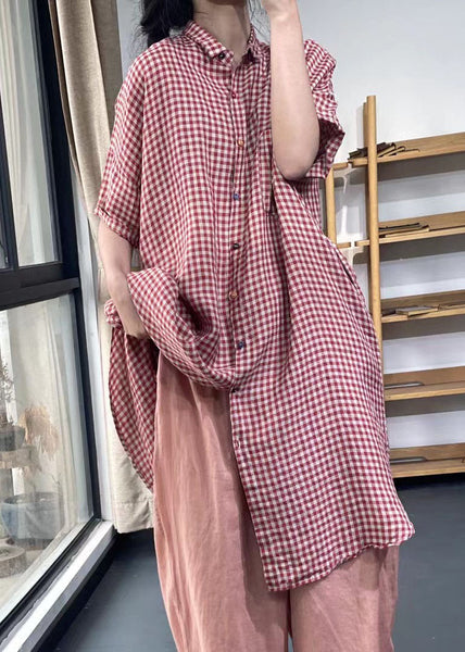 Handmade Red Peter Pan Collar Plaid Cotton Shirts Dress Summer FF009 MZF-SDL240607