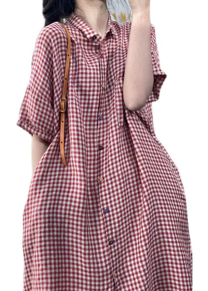 Handmade Red Peter Pan Collar Plaid Cotton Shirts Dress Summer FF009 MZF-SDL240607