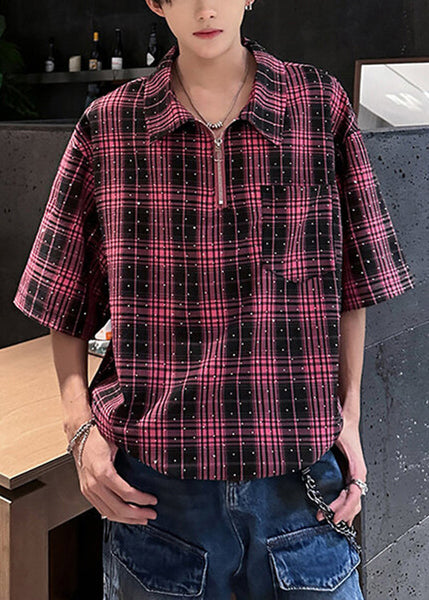 Handmade Sleeve Men Shirts Zippered Half Red Cotton Zircon Plaid FashionChic