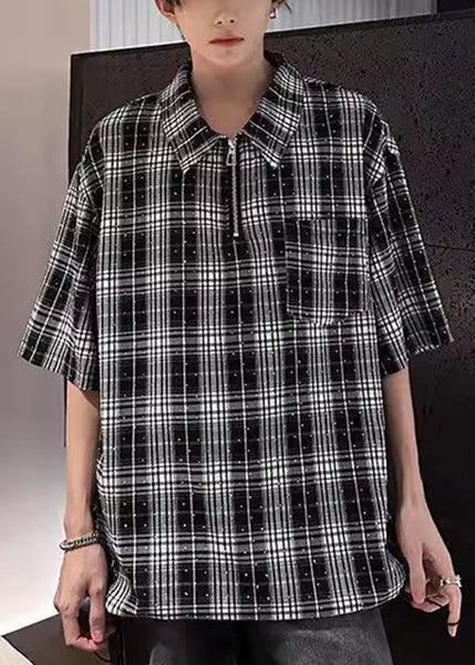 Handmade Sleeve Men Shirts Zippered Half Red Cotton Zircon Plaid FashionChic