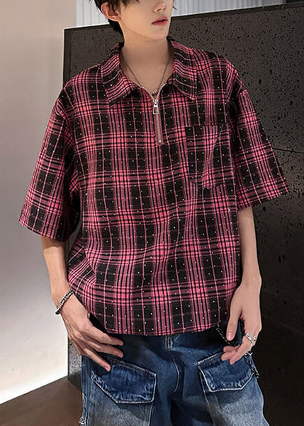 Handmade Sleeve Men Shirts Zippered Half Red Cotton Zircon Plaid FashionChic