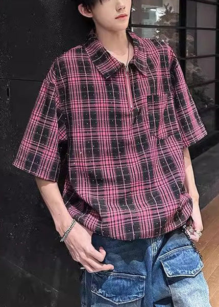 Handmade Sleeve Men Shirts Zippered Half Red Cotton Zircon Plaid FashionChic