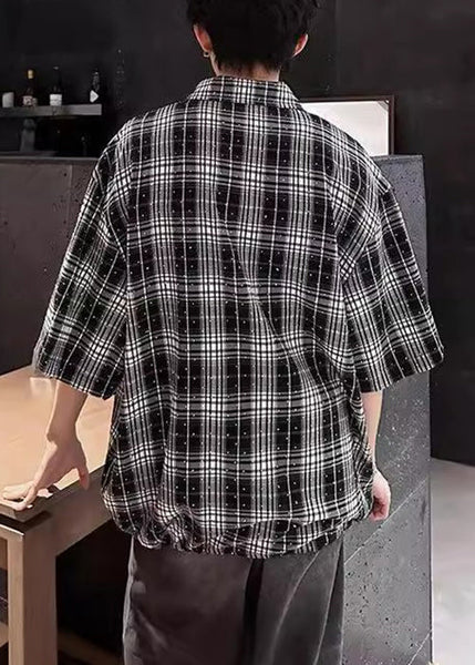 Handmade Sleeve Men Shirts Zippered Half Red Cotton Zircon Plaid FashionChic