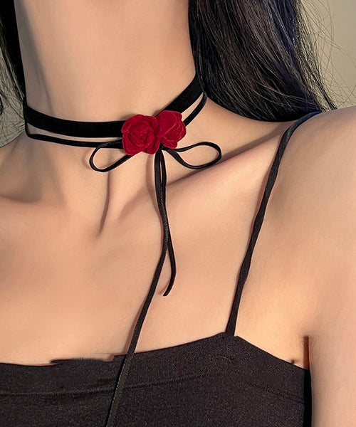 Handmade Red Silk Velvet Floral Bow Pendant Necklace YU017 ABC