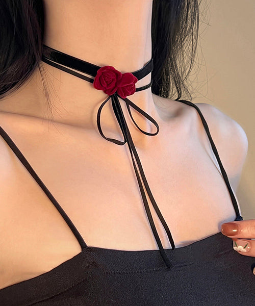 Handmade Red Silk Velvet Floral Bow Pendant Necklace YU017 ABC