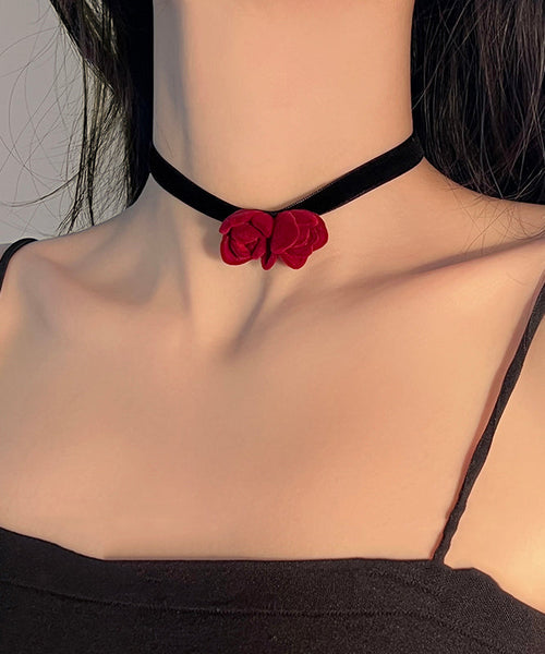 Handmade Red Silk Velvet Floral Bow Pendant Necklace YU017 ABC