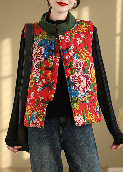 Handmade Red Stand Collar Print Chinese Button Fine Cotton Filled Vest Sleeveless TI020