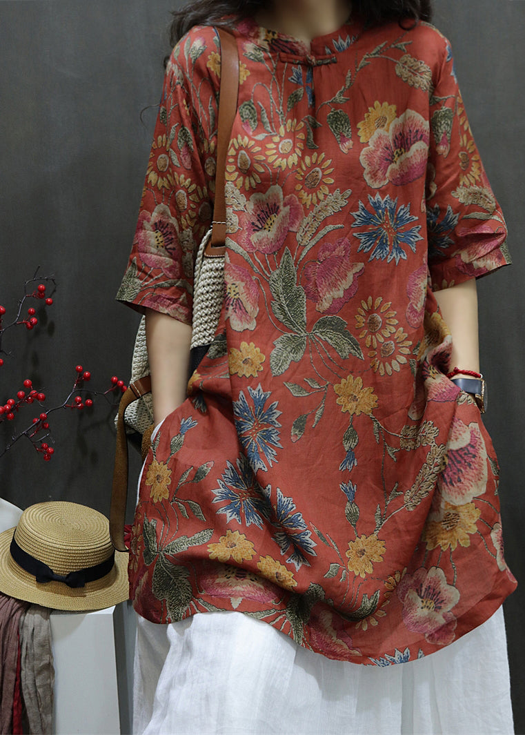 Handmade Red Stand Collar Print Long Linen Tops Short Sleeve VV084 HS-STP240627