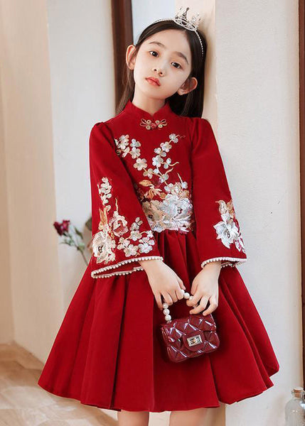 Collar Long Stand Girls Dress Red Handmade Wrinkled Spring FashionChic