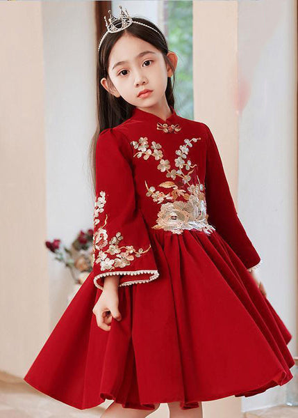 Collar Long Stand Girls Dress Red Handmade Wrinkled Spring FashionChic