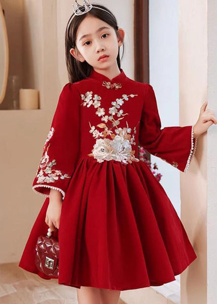 Collar Long Stand Girls Dress Red Handmade Wrinkled Spring FashionChic