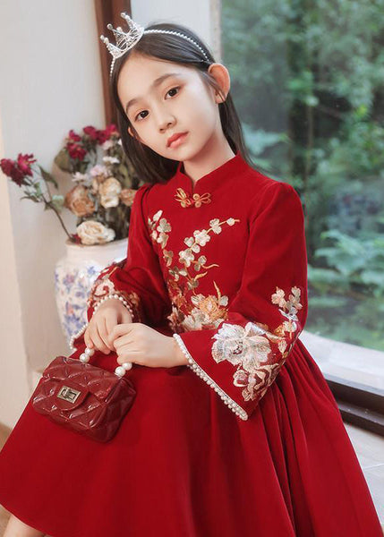 Collar Long Stand Girls Dress Red Handmade Wrinkled Spring FashionChic