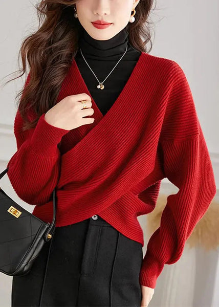Handmade Red V Neck Cross Connection Knit Tops Spring Ada Fashion