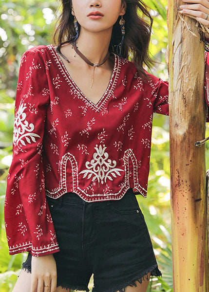 Sleeve Flare Handmade V Neck Top Cotton Embroidered Red FashionChic