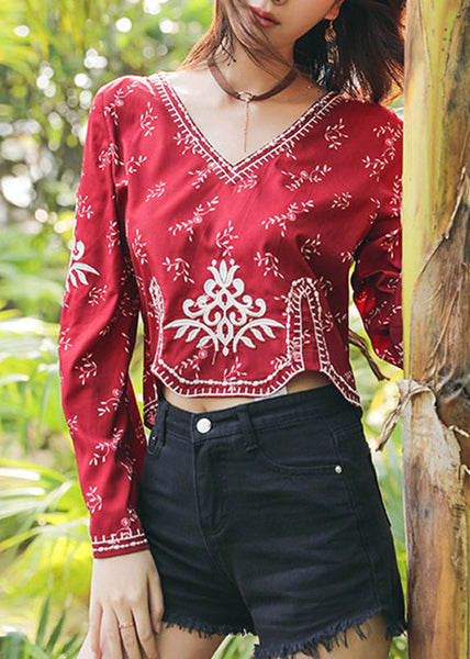 Sleeve Flare Handmade V Neck Top Cotton Embroidered Red FashionChic