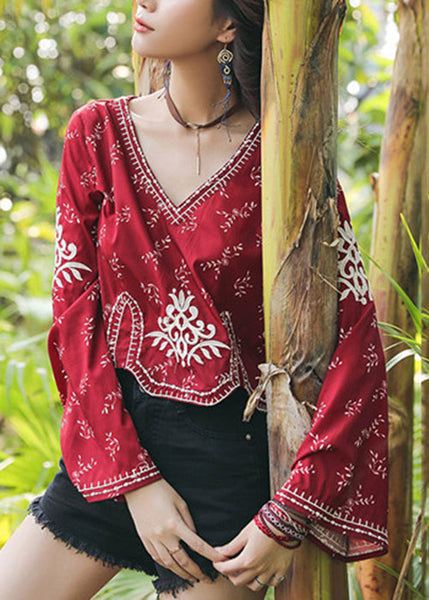 Sleeve Flare Handmade V Neck Top Cotton Embroidered Red FashionChic