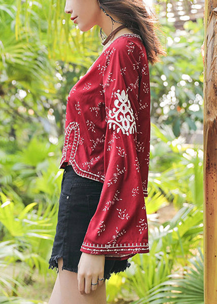 Sleeve Flare Handmade V Neck Top Cotton Embroidered Red FashionChic