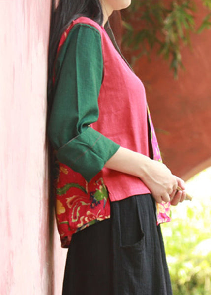 Handmade Red V Neck Patchwork Top Spring VB1022 Ada Fashion