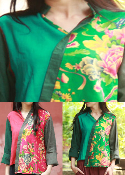 Handmade Red V Neck Patchwork Top Spring VB1022 Ada Fashion