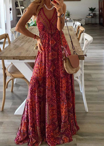 Neck Handmade Dress Cotton Red V Print Strap Summer Spaghetti FashionChic