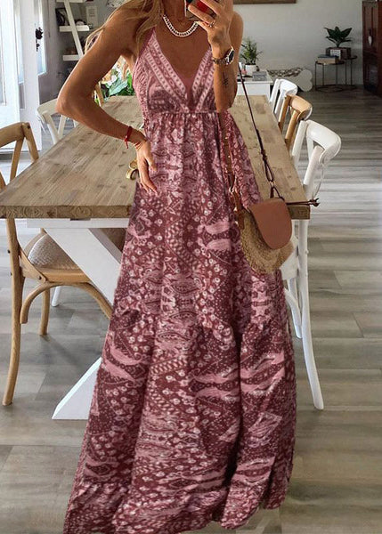 Neck Handmade Dress Cotton Red V Print Strap Summer Spaghetti FashionChic