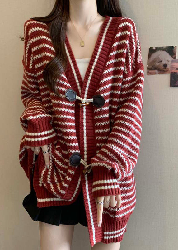 Handmade Red V Neck Striped Knit Cardigan Winter RG036 ABC